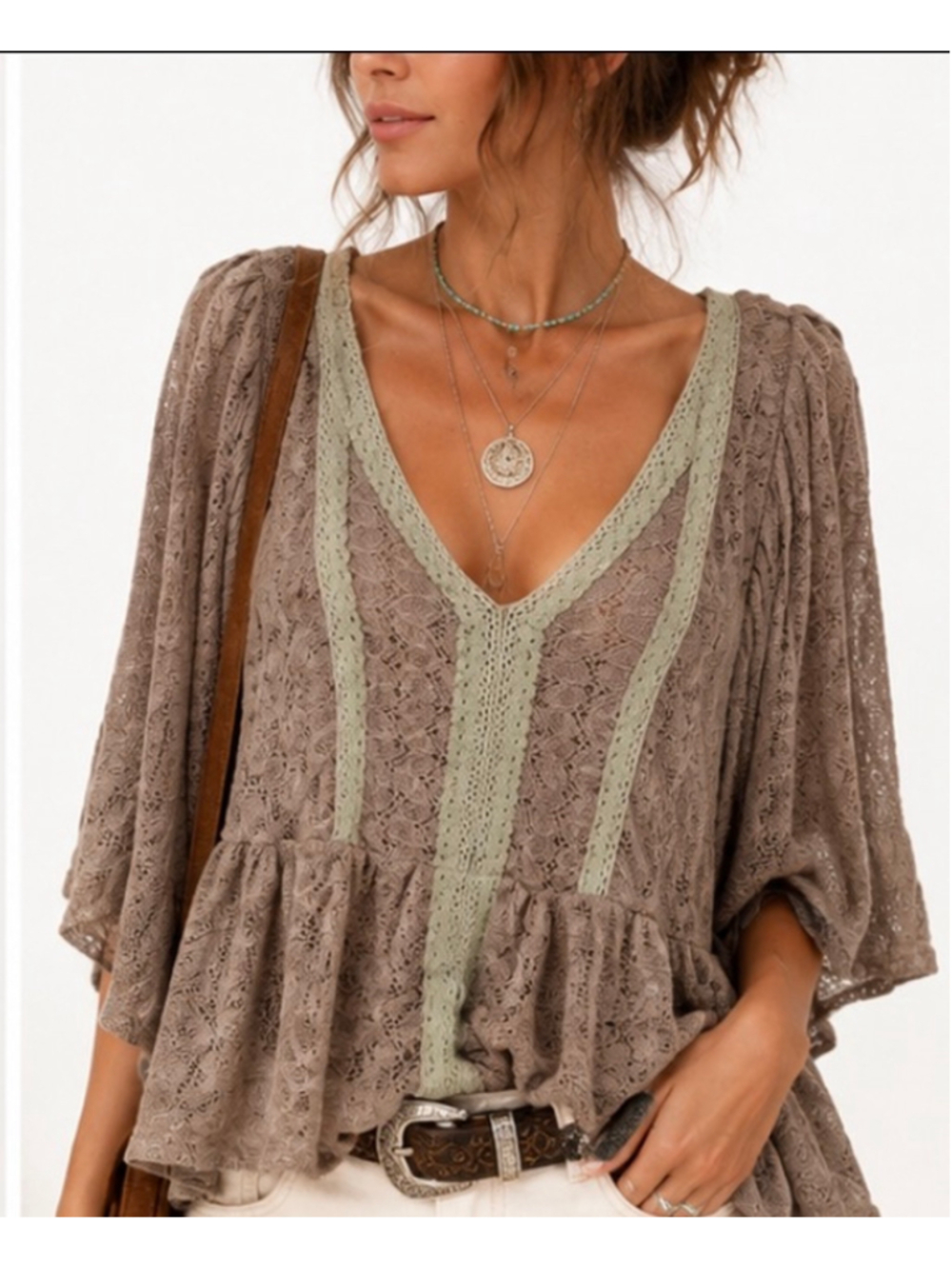Anthropologie a'reve Lace Tunic Top Size L Brown